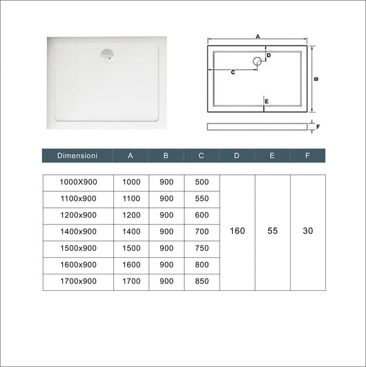 Piatto Doccia 100x90cm Bianco Spessore di 3 cm in Pietra Artificiale e Resina Minerale Mista Piletta Extra Piatta Sottile e Tubo inclusi
