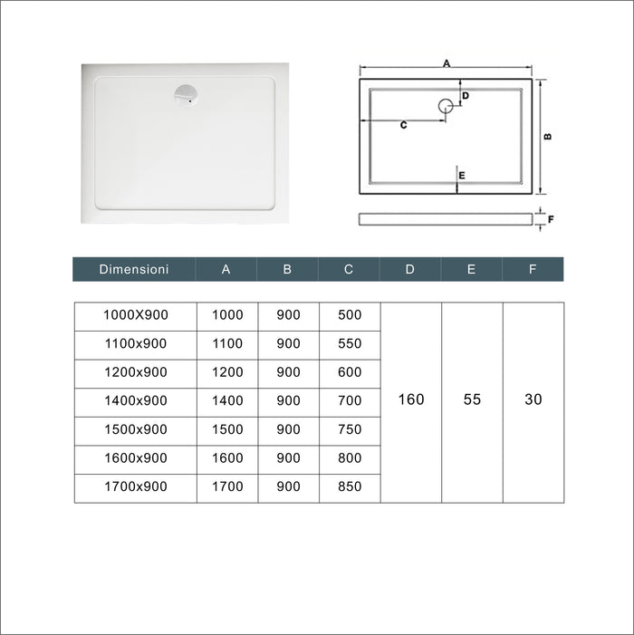 Piatto Doccia 110x90cm Bianco Spessore di 3 cm in Pietra Artificiale e Resina Minerale Mista Piletta Extra Piatta Sottile e Tubo inclusi