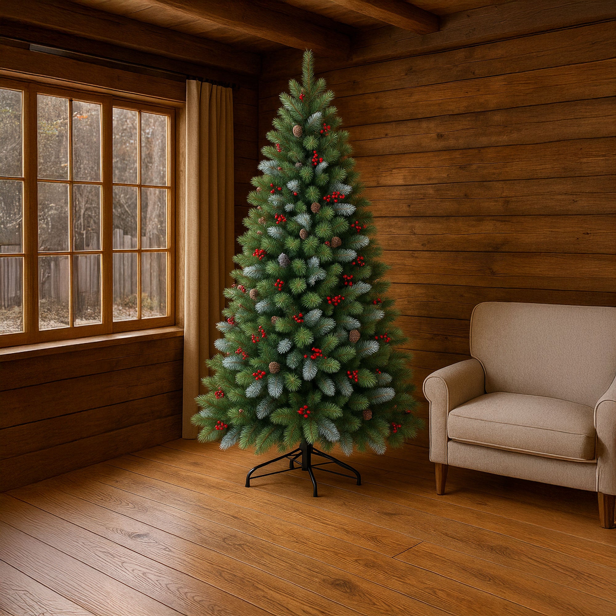 Cortina - Albero di Natale Innevato in PVC e PP con Pigne e Bacche Ø83x150H, 572 Punte