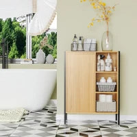 kleankin Mobiletto da Bagno con 3 Ripiani Aperti e Armadietto Chiuso in Truciolato e Acciaio, 60x28x80 cm