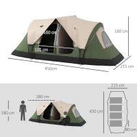 Tenda da Campeggio 6 Posti con 2 Stanze Separate, Poliestere e Fibra di Vetro, 450x215x180 cm, Verde Scuro