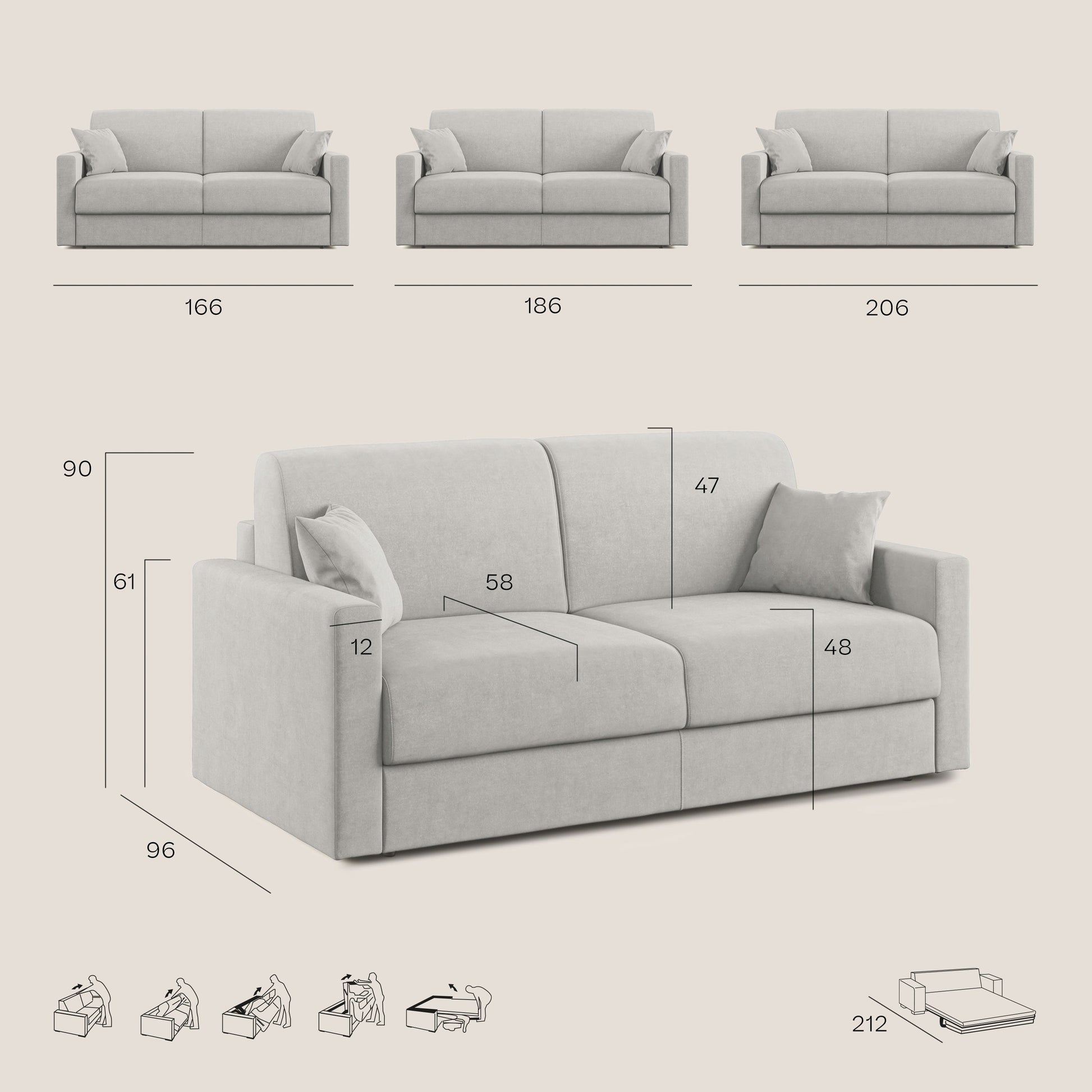 Divano Letto 3 Posti 206x92x96 cm in Tessuto Azzurro