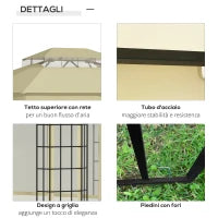 Gazebo da Giardino con Zanzariera, Tetto a 2 Livelli e Struttura in Metallo, 3.7x3m, Beige