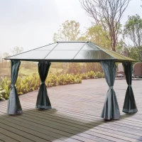 Gazebbo Padiglione da Giardino con Tetto Rigido in Policarbonato Impermeabile, 4 Pareti Laterali Anti-UV, Zanzariere, 4 x 3 m, Grigio Scuro e Nero