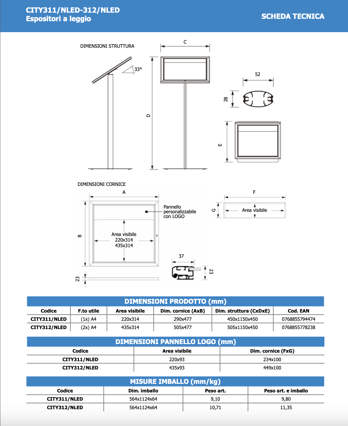 Leggio Menu per esterni Led Nero Ristoranti Alberghi Bed and Breakfast 4 x A4