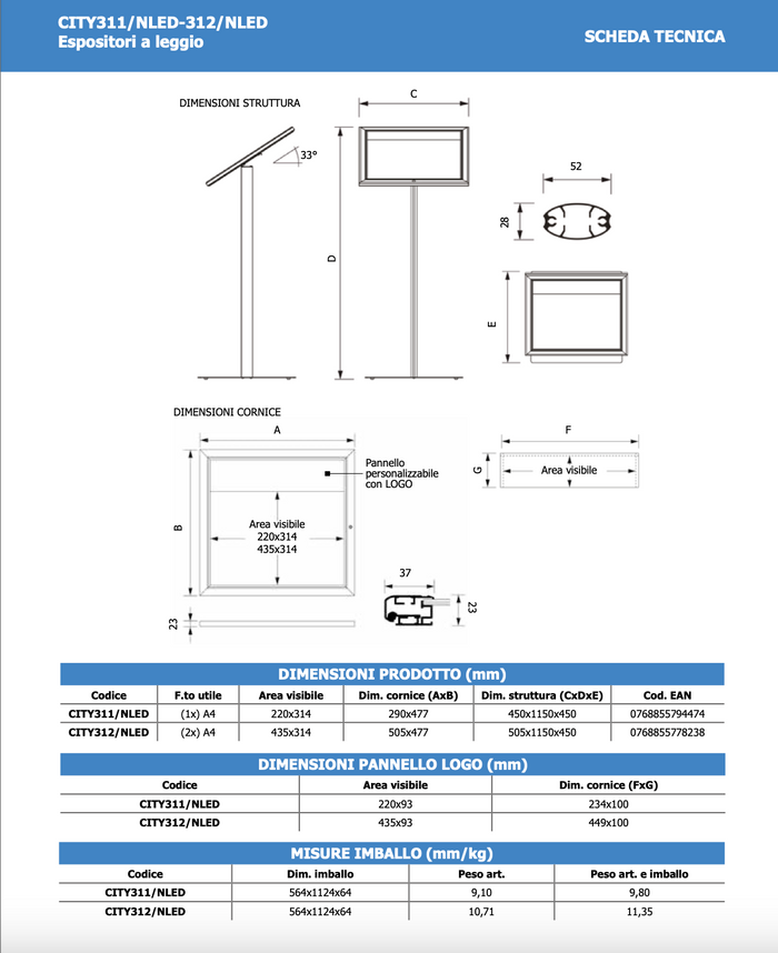 Leggio Menu per esterni Led Nero Ristoranti Alberghi Bed and Breakfast 4 x A4