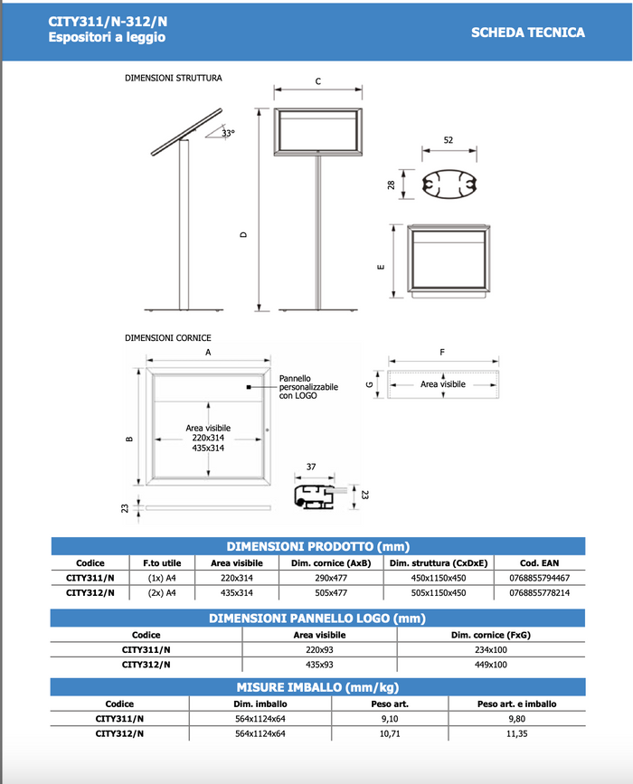 Leggio Menu per esterni Nero Ristoranti Alberghi Bed and Breakfast A4