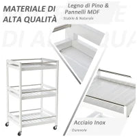 Carrello da Cucina Portavivande in Legno con 3 Ripiani e Ruote, 45x38x78cm, Bianco