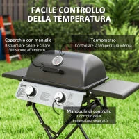 Barbecue a Gas Portatile con 2 Bruciatori e 2 Tavolini, Coperchio con Termometro e Ruote, Nero