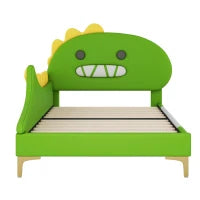 Letto Imbottito per Bambini 4+ Anni a Forma di Dinosauro con Doghe in Legno, Rivestimento in Pelle PU, Senza Materasso, 90×200 cm, Verde