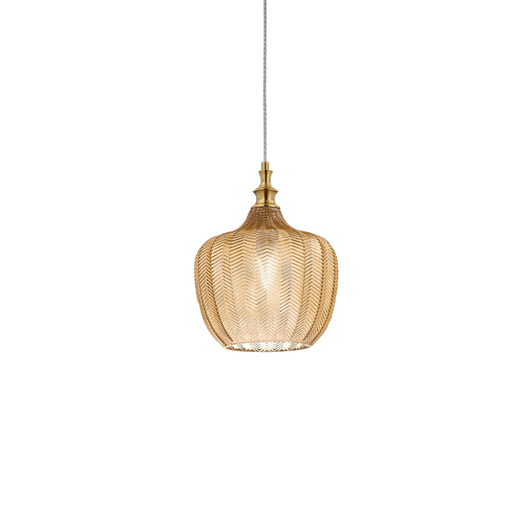 Cleofe - Lampada a sospensione in vetro ambra trasparente e ottone - Attacco 1XE27, stile vintage, IP20, 1XE27 max 1X60W, d.24cm, lampadine escluse
