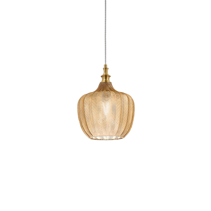 Cleofe - Lampada a sospensione in vetro ambra trasparente e ottone - Attacco 1XE27, stile vintage, IP20, 1XE27 max 1X60W, d.24cm, lampadine escluse