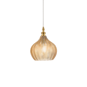 Cleofe - Lampada a sospensione in vetro ambra trasparente e ottone - Attacco 1XE27, stile vintage, IP20, 1XE27 max 1X60W, d.23cm, lampadine escluse