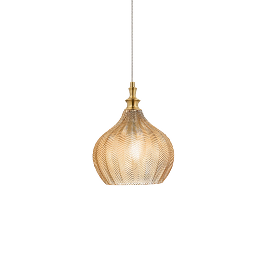 Cleofe - Lampada a sospensione in vetro ambra trasparente e ottone - Attacco 1XE27, stile vintage, IP20, 1XE27 max 1X60W, d.23cm, lampadine escluse