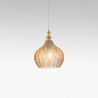 Cleofe - Lampada a sospensione in vetro ambra trasparente e ottone - Attacco 1XE27, stile vintage, IP20, 1XE27 max 1X60W, d.23cm, lampadine escluse
