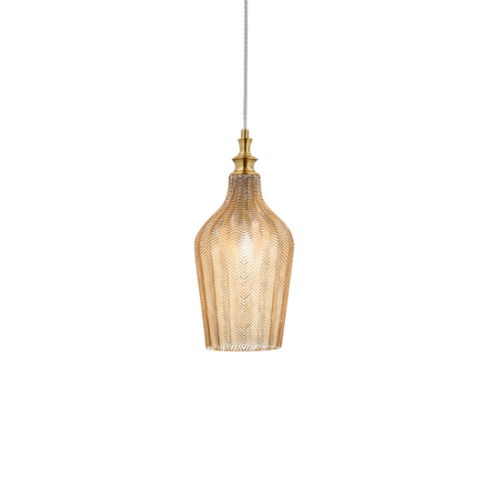 Cleofe - Lampada a sospensione in vetro ambra trasparente e ottone - Attacco 1XE27, stile vintage, IP20, 1XE27 max 1X60W, d.18cm, lampadine escluse