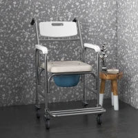 Sedia a Rotelle Impermeabile con WC Seduta in Ecopelle, 4 Ruote, Vaso Rimovibile per Anziani/Disabili, 84x54x96cm