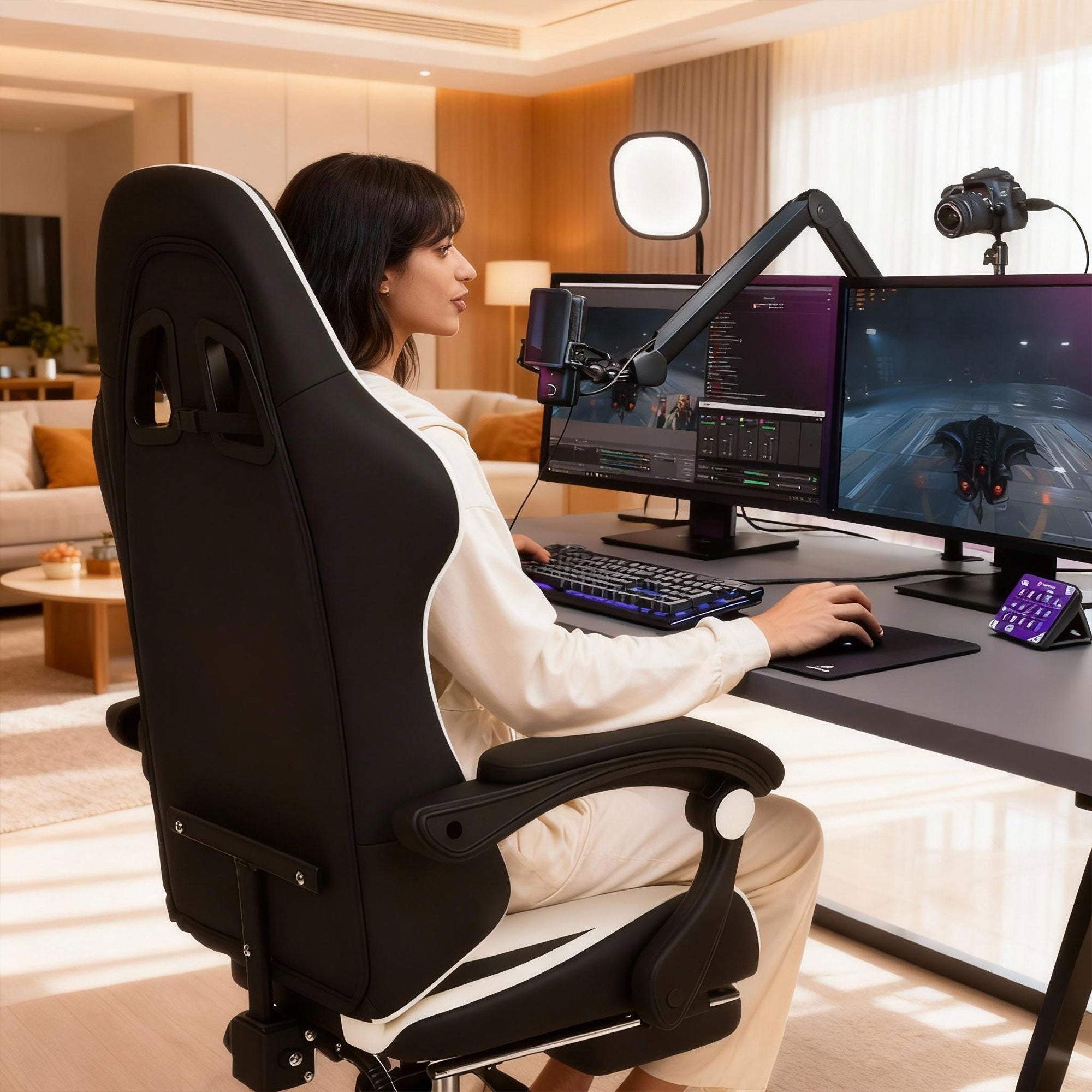 Clutch - Sedia da Gaming Ergonomica con Cuscino Lombare Poggiatesta e Poggiapiedi in PVC Nera e Bianca