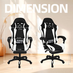 Clutch - Sedia da Gaming Ergonomica con Cuscino Lombare Poggiatesta e Poggiapiedi in PVC Nera e Bianca