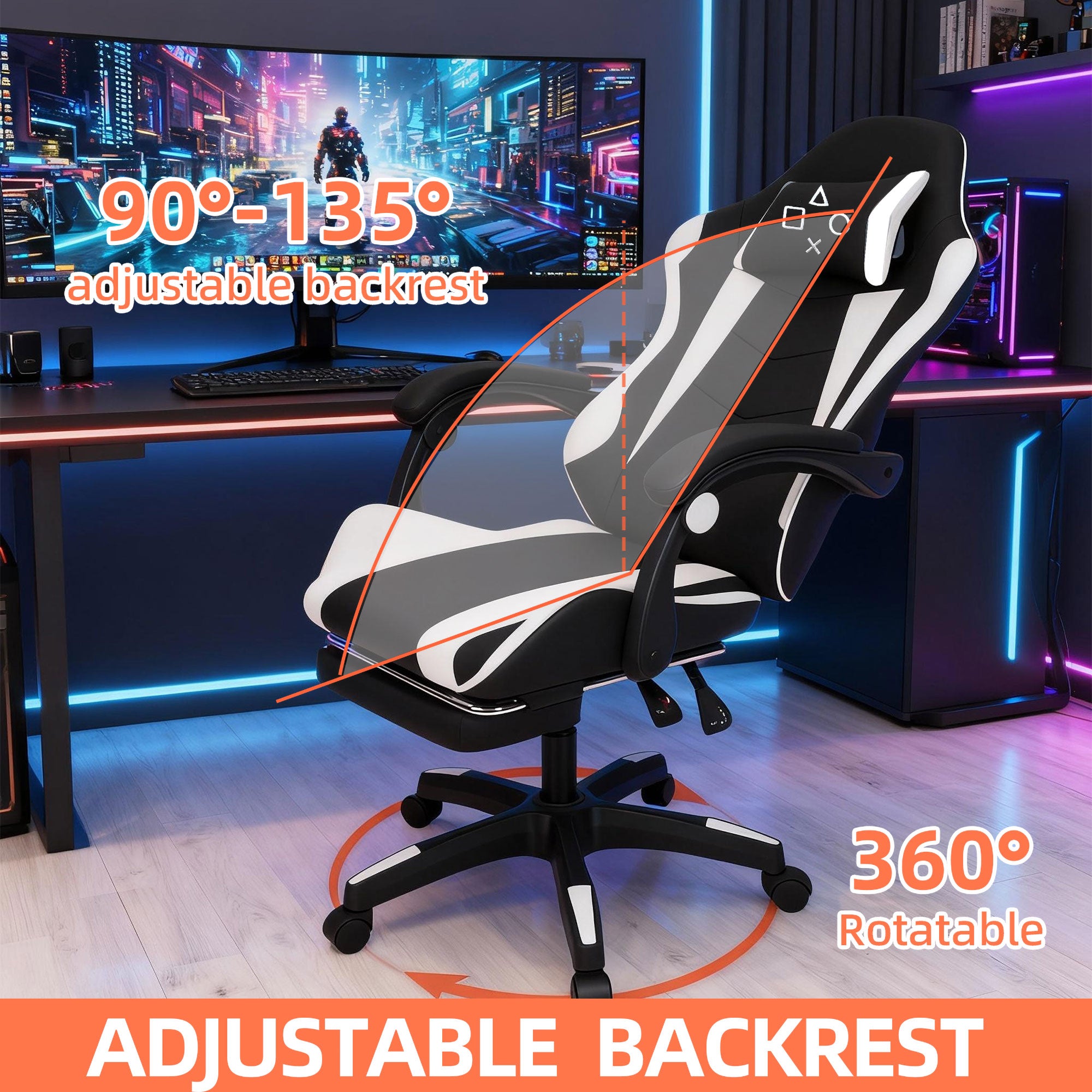 Clutch - Sedia da Gaming Ergonomica con Cuscino Lombare Poggiatesta e Poggiapiedi in PVC Nera e Bianca