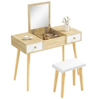 Tavolo da Trucco Moderno con Specchio Estraibile, Organizer Gioielli, 2 Cassetti e Sgabello, Color Legno