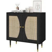 Credenza da Cucina, Mobiletto di Archiviazione a Doppia Anta con 2 Livelli, Design Bohémien,, Frontale in Rattan, 80 x 38 x 79 cm, Nero
