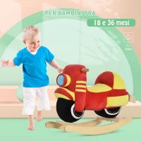 Cavallo a Dondolo per Bambini 18-36 Mesi a Forma di Moto, Cavallo per Bambini Cavalcabile in Legno e Peluche, Suoni Realistici, Max. 40kg, Rosso e Giallo