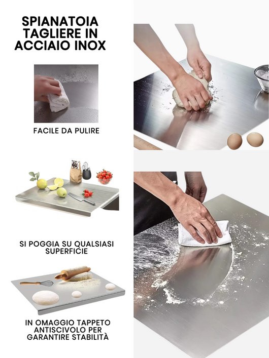 Spianatoia Tagliere in Acciaio Inox 304 per Impastare, con Tappeto Antiscivolo Omaggio 80x48 cm