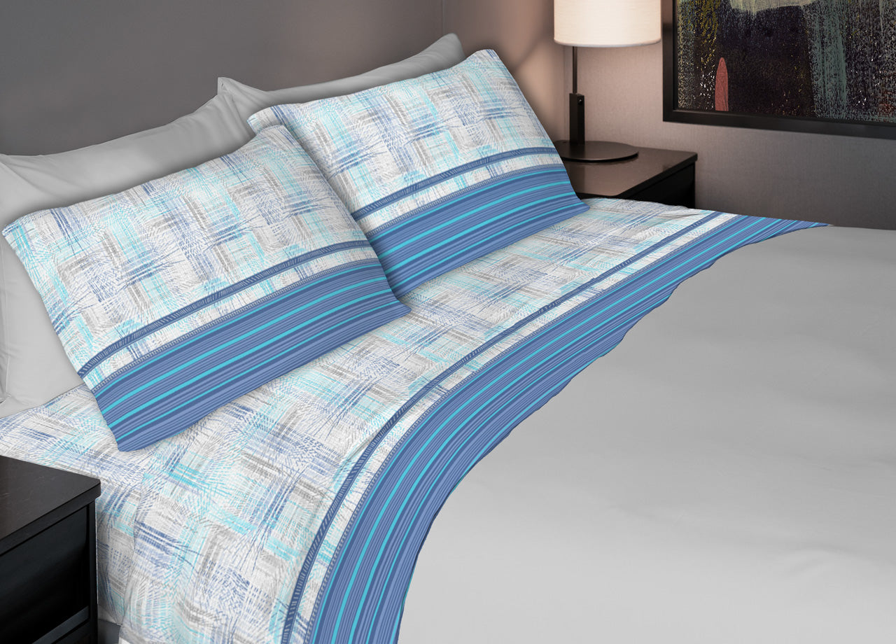 Completo Lenzuola Letto 100% Cotone Made Italy Disegno Astra CN - Matrimoniale - Azzurro