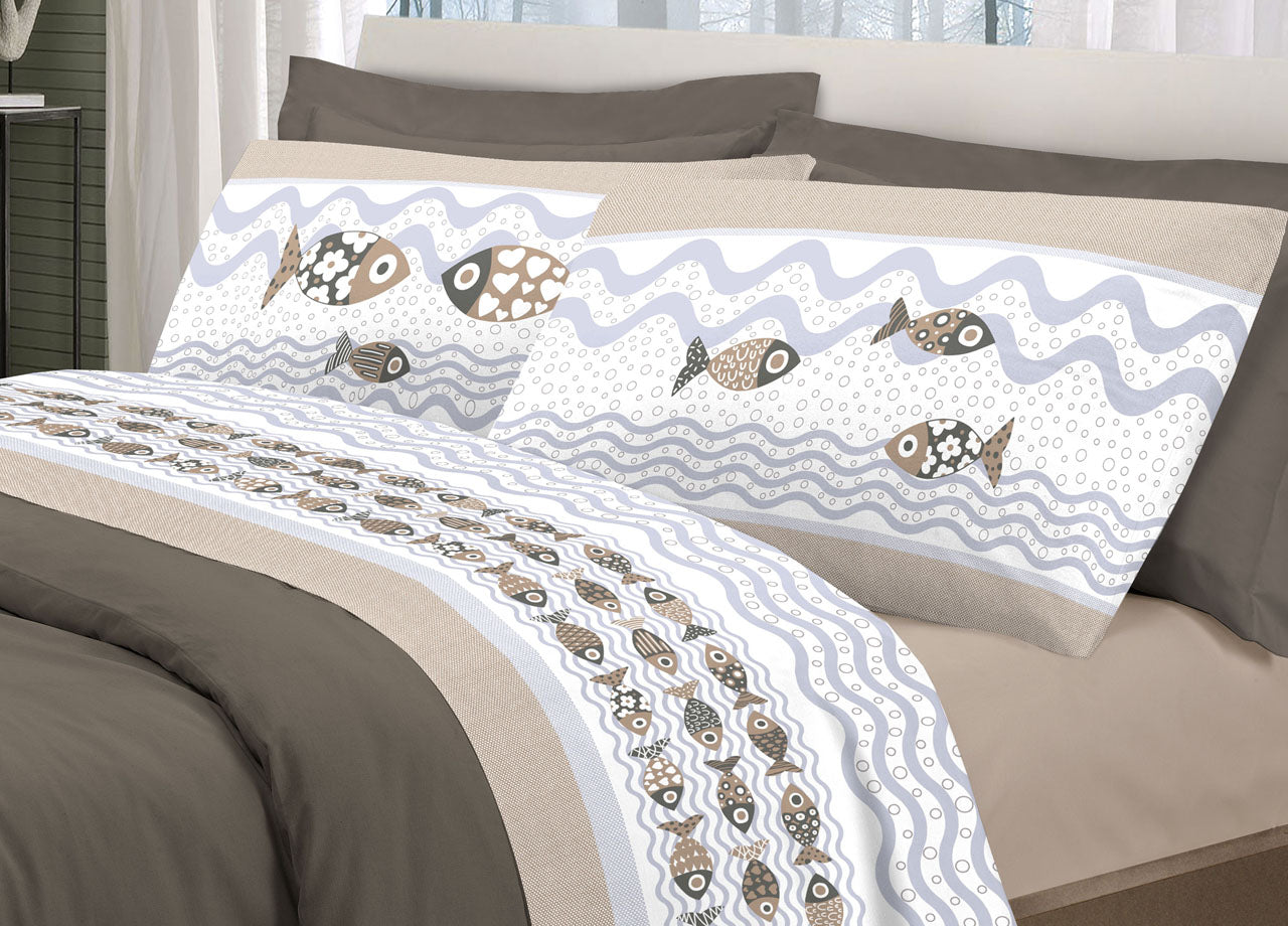 Completo Lenzuola Linea Pensieri Delicati 100% Cotone Disegno Pesciolini - Piazza E Mezza - Beige