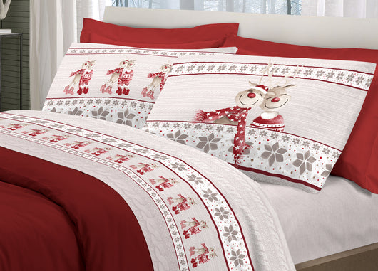 Completo Lenzuola In Flanella Pensieri Delicati 100% Cotone Dis. Renna Rosso - Singolo - Rosso