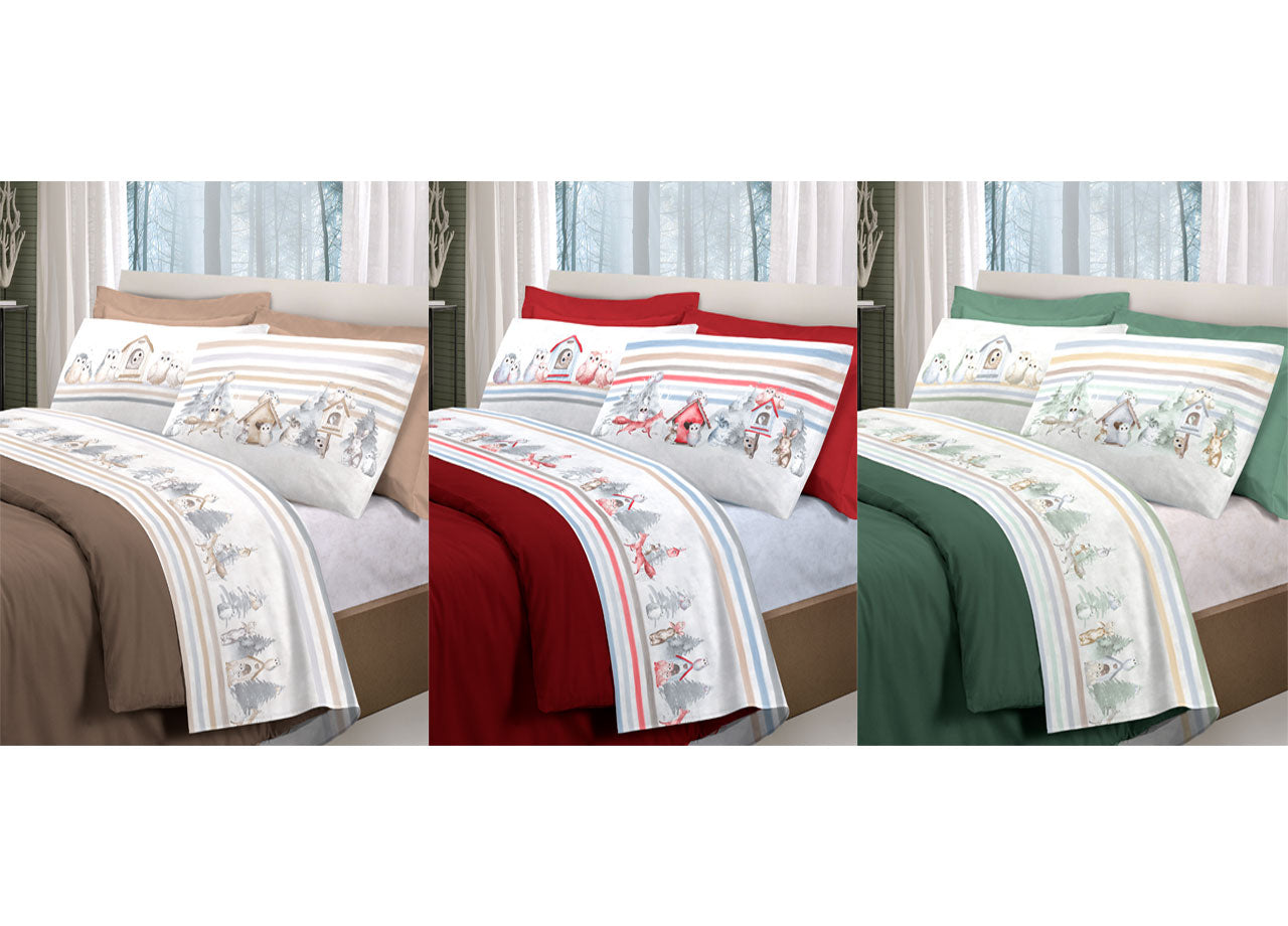 Completo Lenzuola Letto Pensieri Delicati 100% Cotone Disegno Gufi - Singolo - Verde