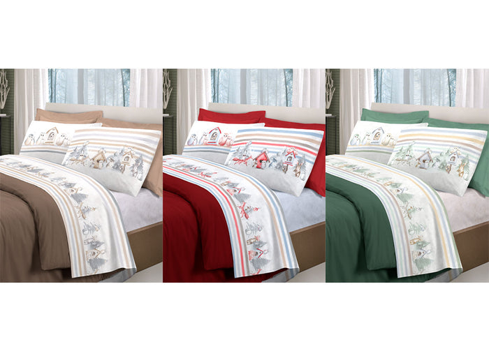 Completo Lenzuola Letto Pensieri Delicati 100% Cotone Disegno Gufi - Singolo - Verde