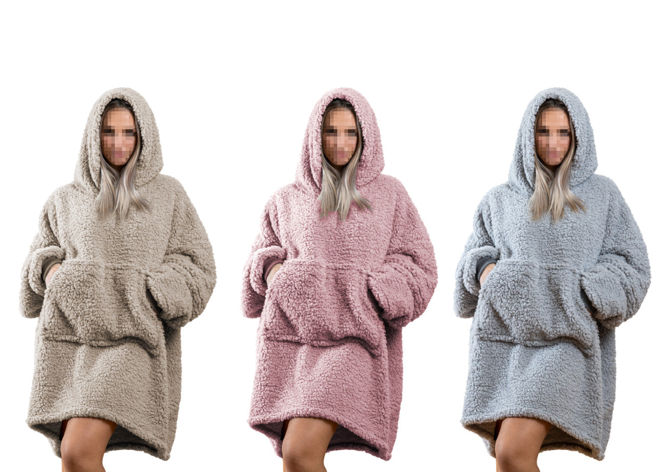 Felpa Plaid Inverno Coperta Agnellata Sherpa Con Tasca Tinta Unita Fluffy - Felpone - Tortora