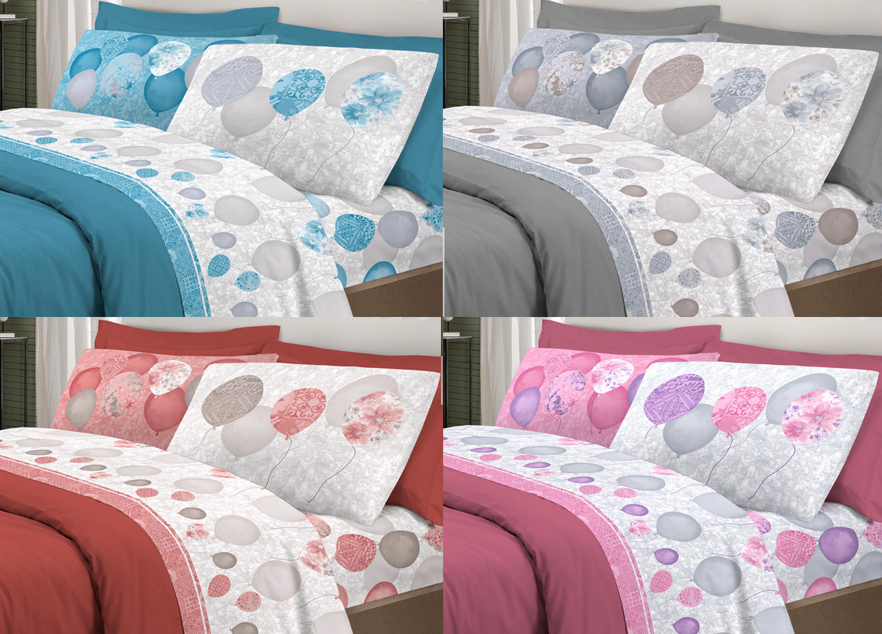 Completo Lenzuola Letto Pensieri Delicati 100% Cotone Dis. Palloncini - Singolo - Rosa