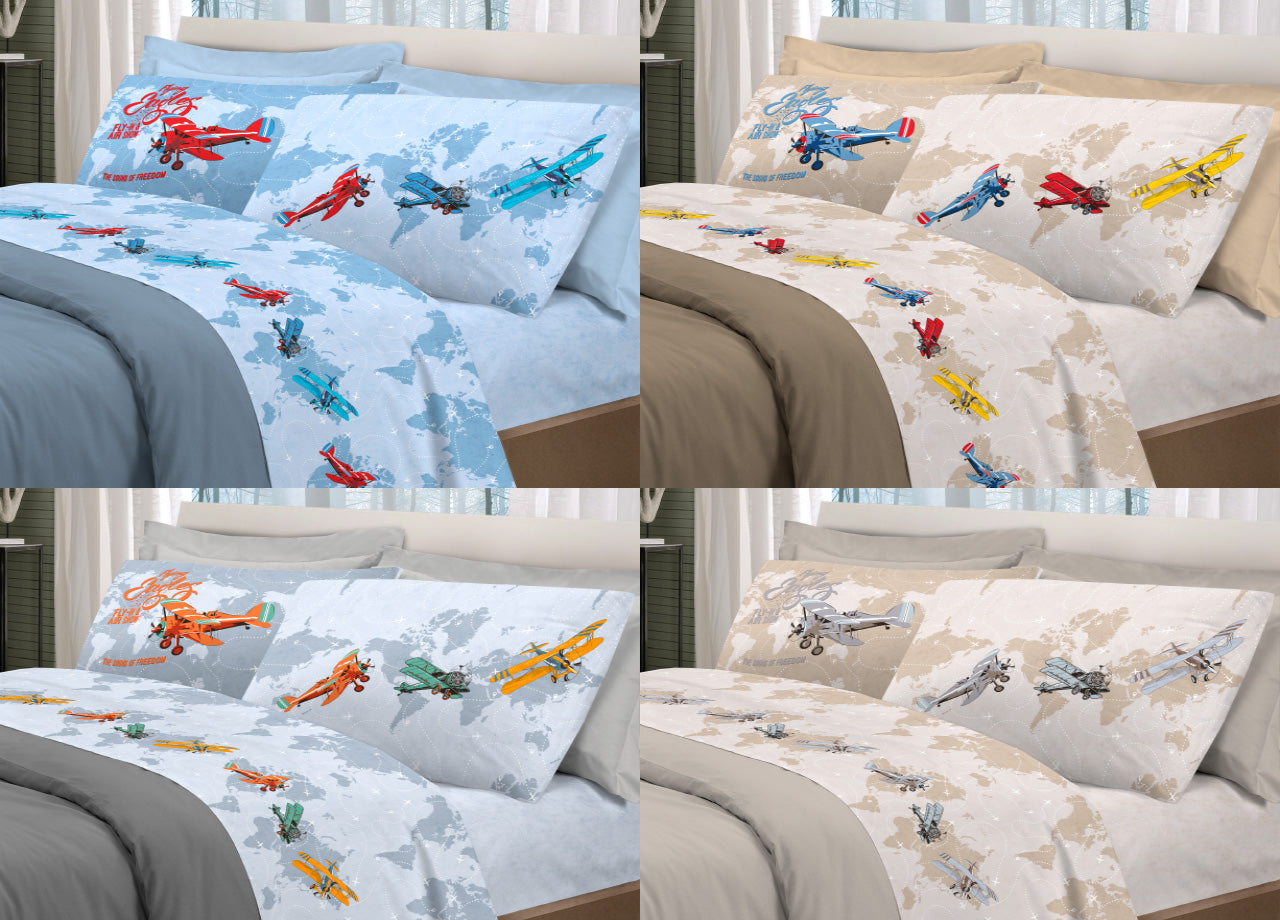 Completo Lenzuola Linea Pensieri Delicati 100% Cotone Disegno Aerei - Piazza E Mezza - Grigio