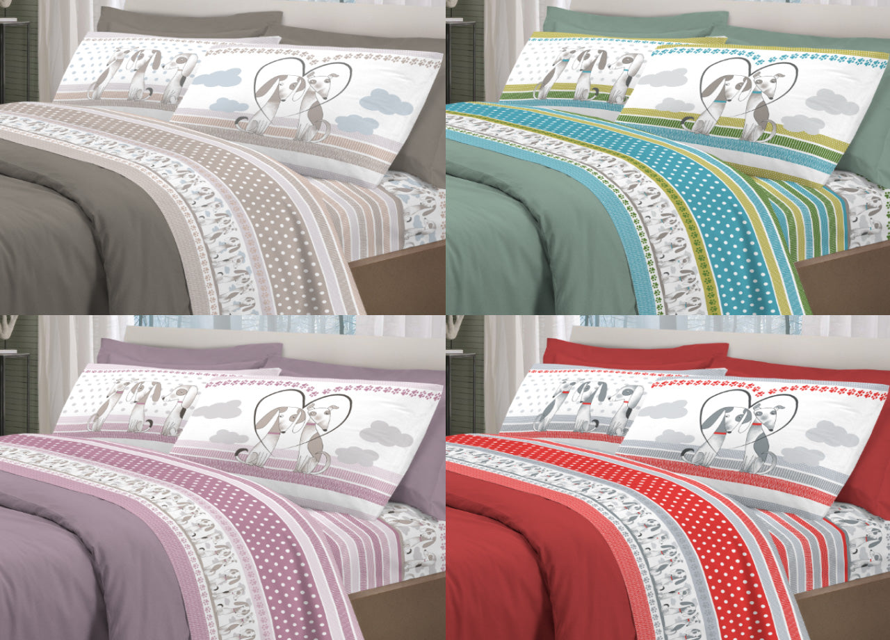 Completo Lenzuola Letto Pensieri Delicati 100% Cotone Dis. Bau Bau - Piazza E Mezza - Rosso