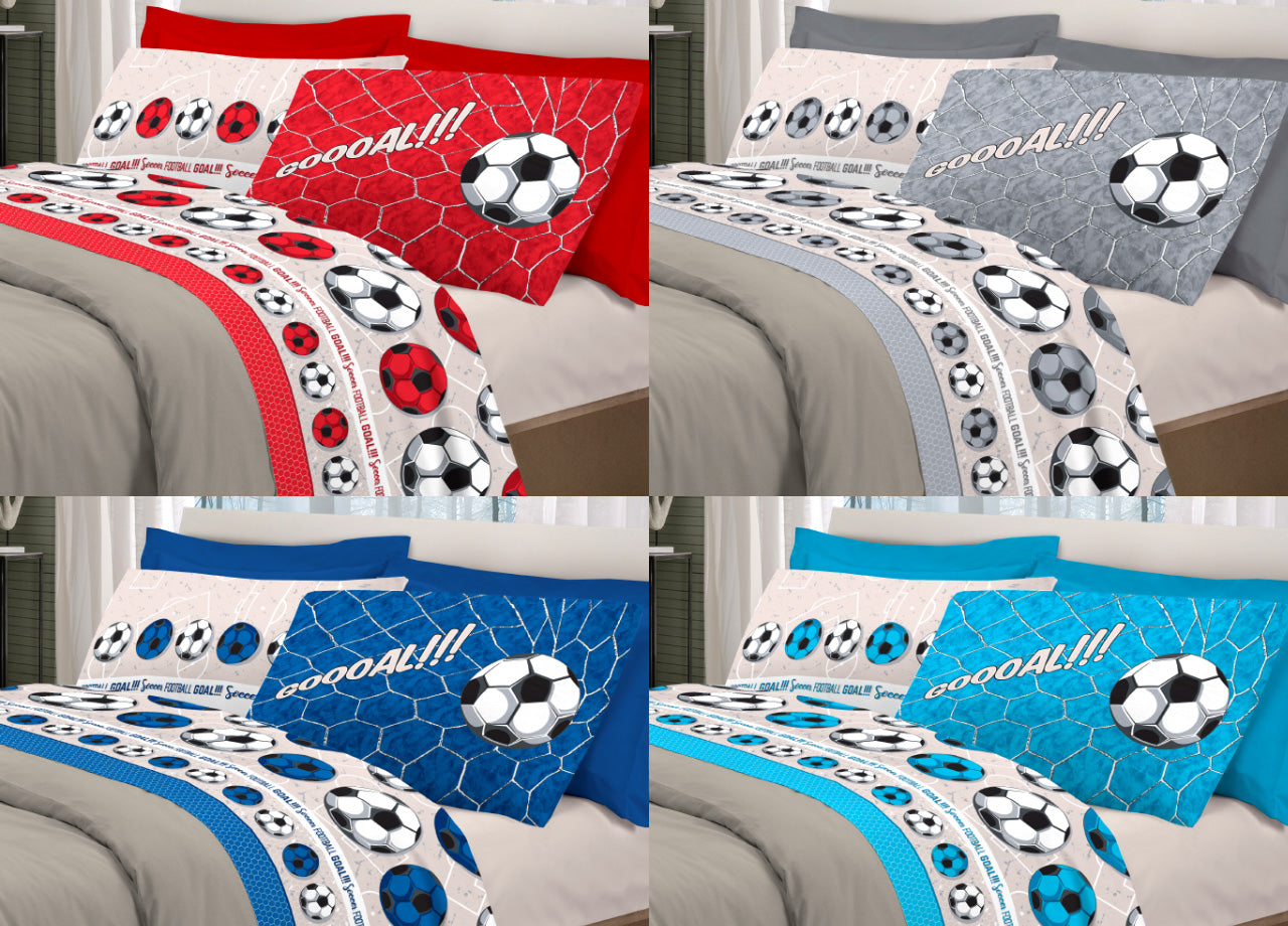 Completo Lenzuola Linea Pensieri Delicati 100% Cotone Disegno Calcio - Piazza E Mezza - Rosso