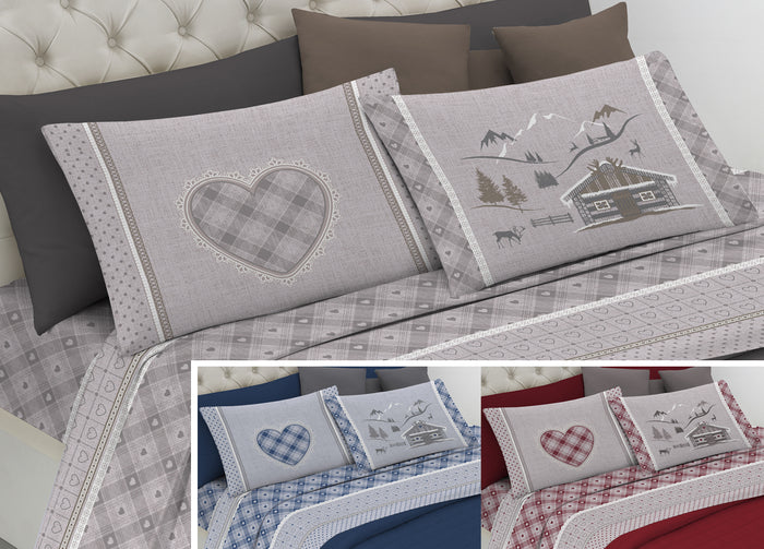 Completo Lenzuola Letto Pensieri Delicati 100% Cotone Dis.Chalet - Matrimoniale - Rosso