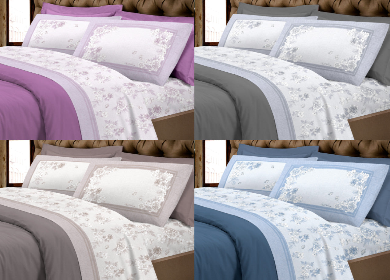 Completo Lenzuola Letto Calda Flanella 100% Cotone Disegno Praga - Matrimoniale - Azzurro