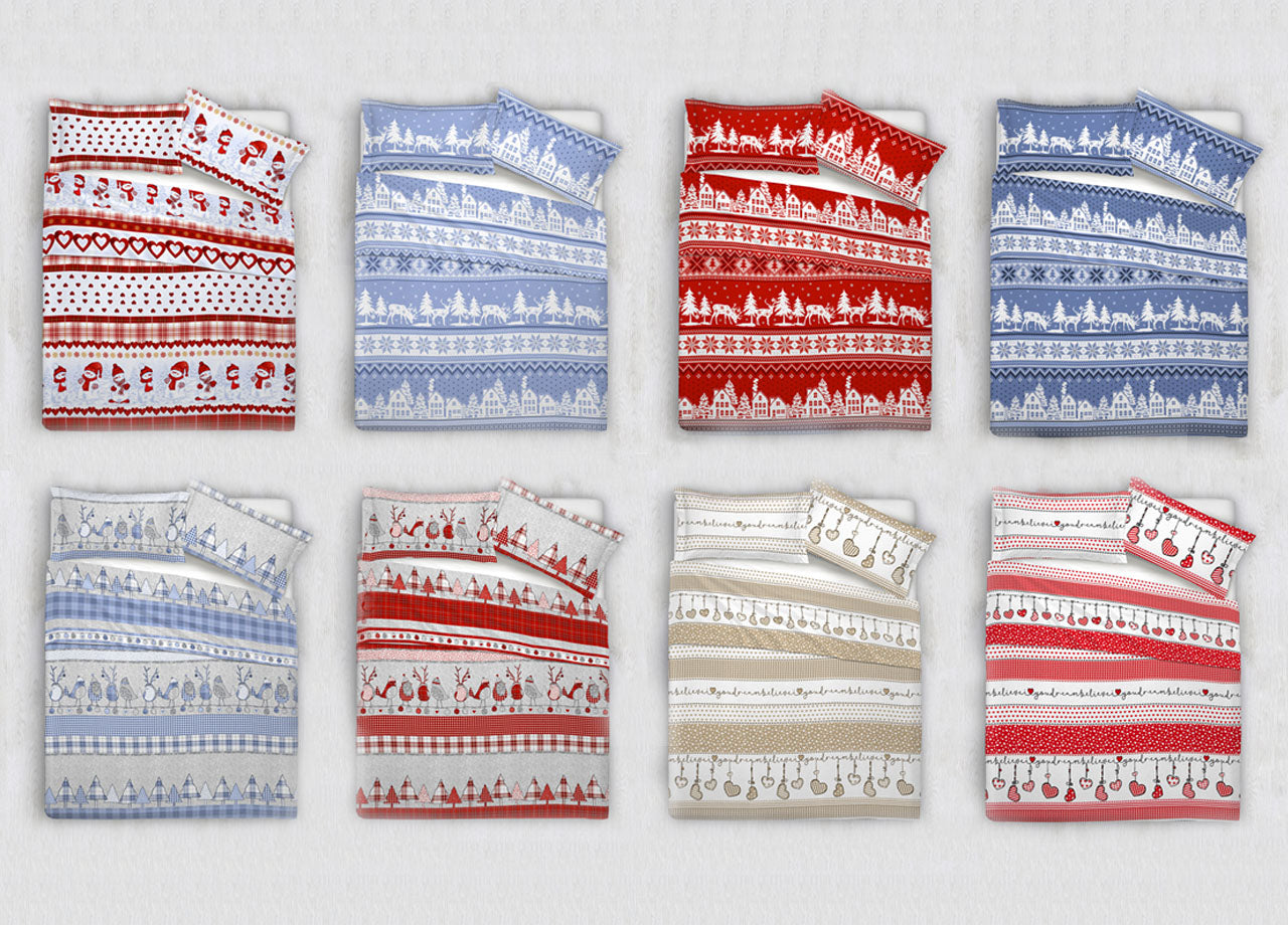 Completo Lenzuola In Cotone Flanella Disegni Natalizi Invernali Renne Cuori OB - Singolo - Dream Beige