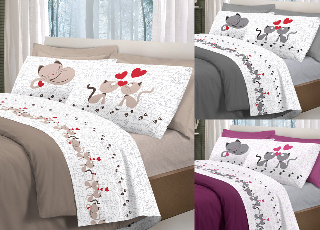 Completo Lenzuola Linea Pensieri Delicati 100% Cotone Disegno Gattini - Matrimoniale - Grigio
