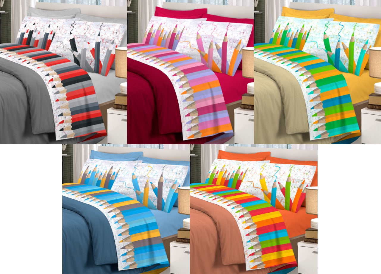 Completo Lenzuola Linea Pensieri Delicati 100% Cotone Disegno Matitoni - Singolo - Multicolor