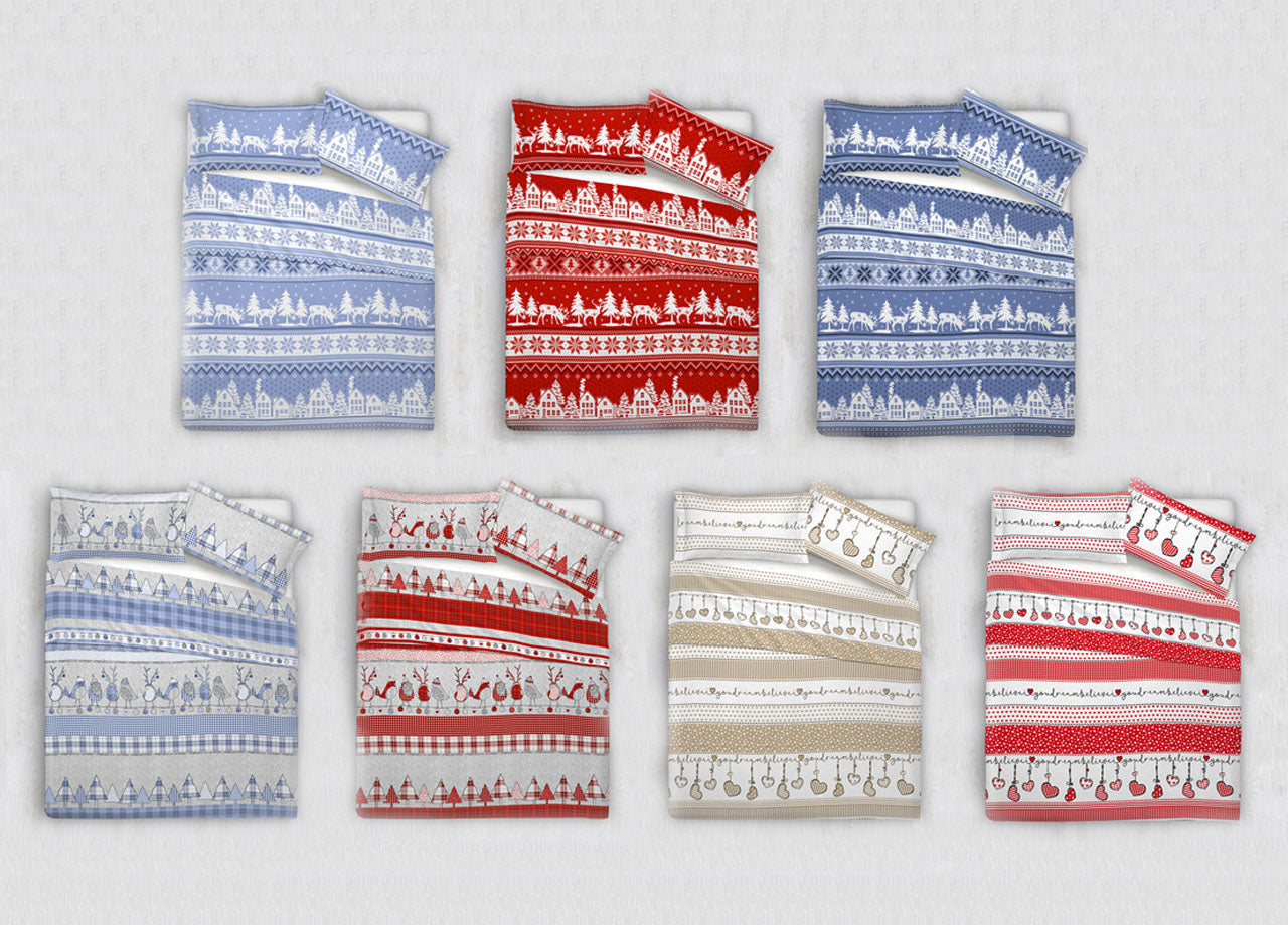 Copripiumino Sacco Piumone 100% Cotone Disegni Natalizi Invernali Renne Cuori OB - Matrimoniale - Dream Rosso