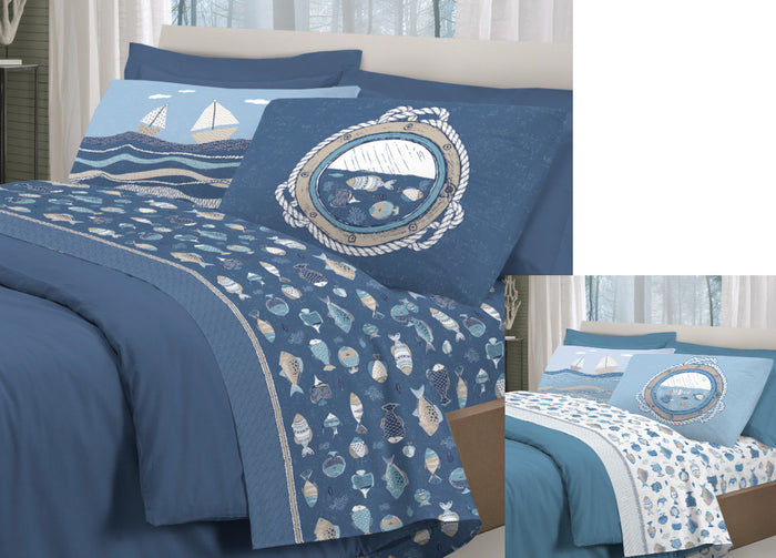 Completo Lenzuola Letto Pensieri Delicati 100% Cotone Disegno Oceano - Piazza E Mezza - Blu