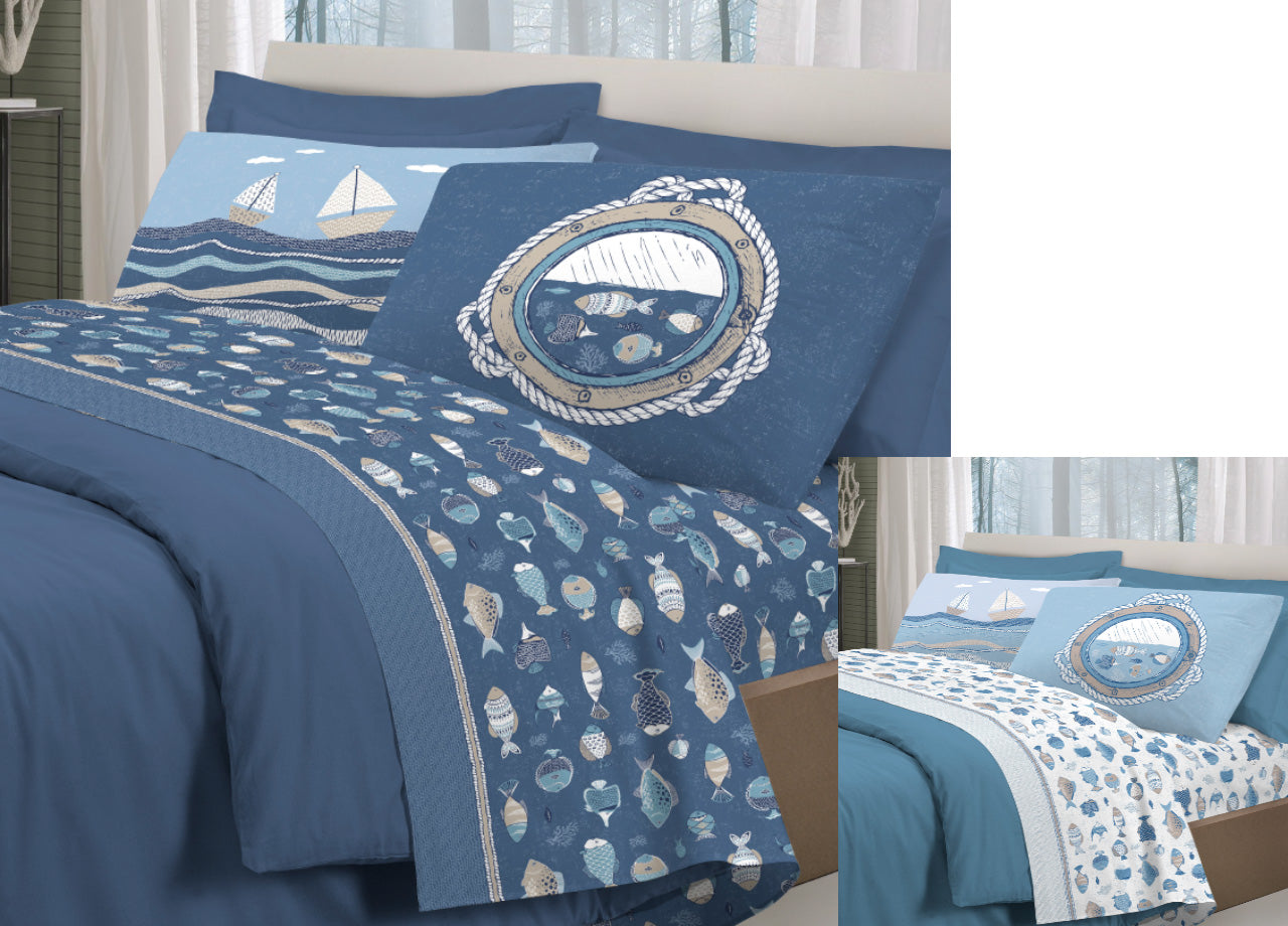 Completo Lenzuola Letto Pensieri Delicati 100% Cotone Disegno Oceano - Matrimoniale - Blu