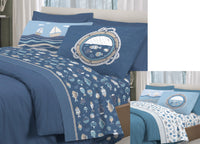 Completo Lenzuola Letto Pensieri Delicati 100% Cotone Disegno Oceano - Matrimoniale - Blu