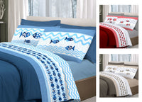 Completo Lenzuola Linea Pensieri Delicati 100% Cotone Disegno Pesciolini - Piazza E Mezza - Blu