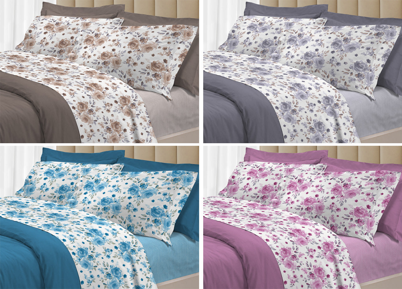 Completo Lenzuola Letto 100% Cotone Italy 3027 Disegno Rosa - Piazza E Mezza - Grigio
