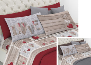 Completo Lenzuola Linea Pensieri Delicati 100% Cotone Disegno Shabby Love - Singolo - Rosso
